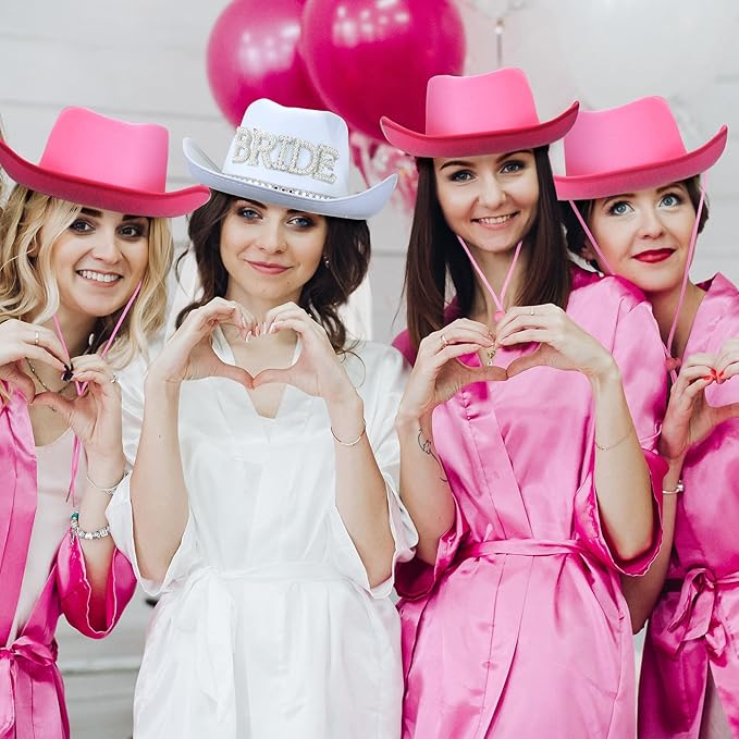 Newcotte 14 Pcs Bride Cowgirl Hat with Veil and Satin Sash Bachelorette Cowboy Hats Set for Wedding Party Bridal Shower Decor