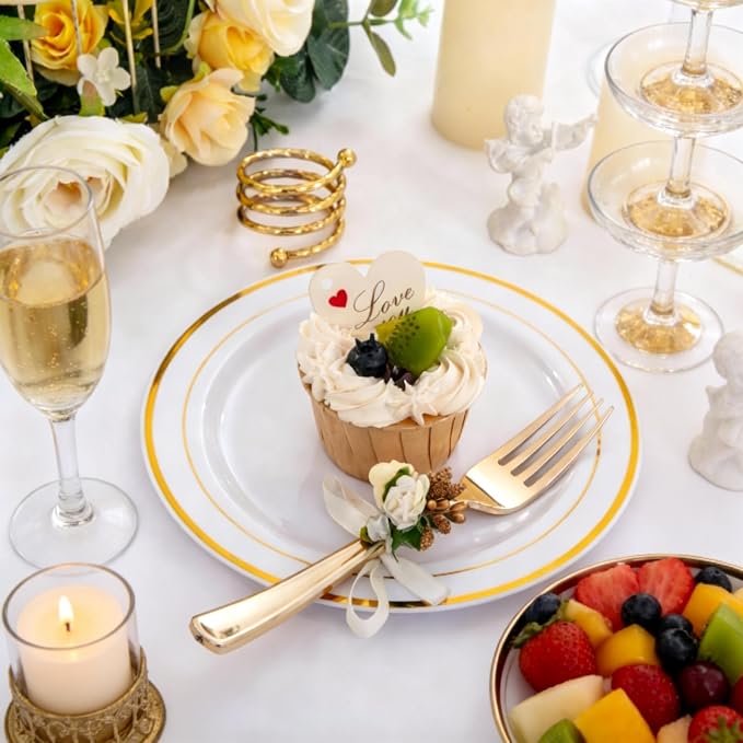 I00000 144 Small Plastic Dessert Plates Set Include 72 Pcs Gold Dessert Plates 7.5" with 72 Pcs Forks 7.5",Disposable Cake Plate,Fancy White Gold Plastic Small Plates for Party