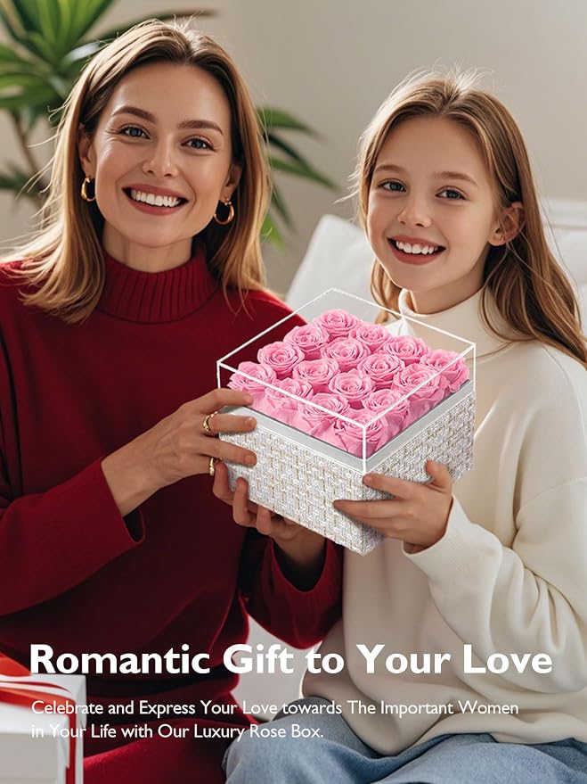 Eterfield Forever Flowers Preserved Roses Real Roses that Last Over a Year Rose Box Gifts for Her Mothers Day Valentines Day Christmas (Square Gold White Plaid Box, 16 Pink Roses)