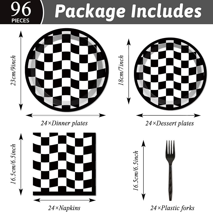 96PCS Race Car Birthday Party Decorations Black and White Checkered Plates Sports Themed Table Supplies Decorations Racing Dessert Plates Napkins Forks for 24 Guests Racing Car Birthday Party Favors