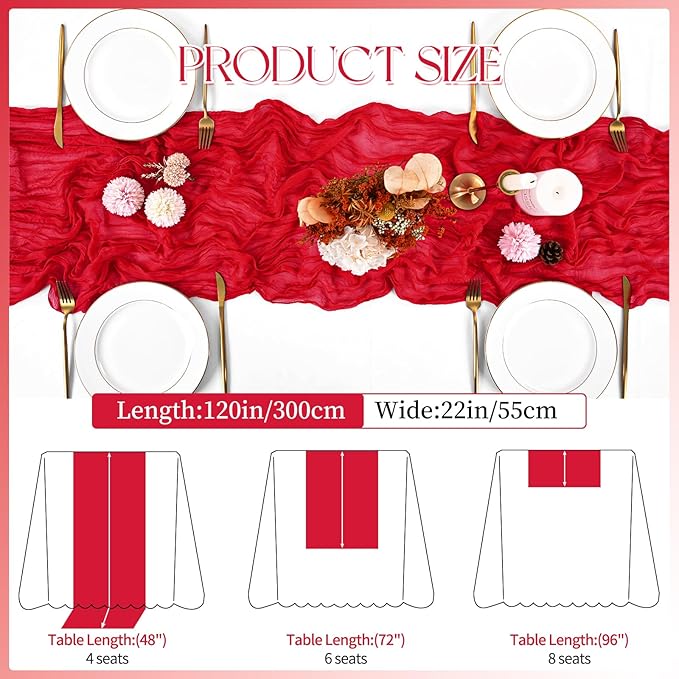 8 Pack Red Cheesecloth Table Runner 120 Inch 10FT Spring Boho Rustic Sheer Gauze Cheese Cloth Table Runner for Wedding Baby Shower Birthday Party Table Decor