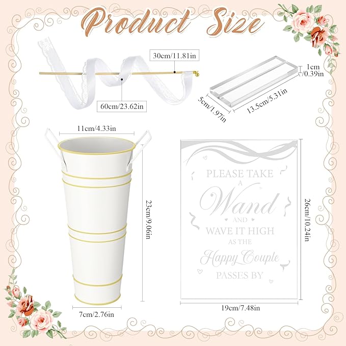 Reallnaive 103 Pcs Wedding Ribbon Stick Wand with Metal Buckets and Acrylic Sign, Party Magic Fairy Wand with White Lace Ribbon and Gold Bells for Wedding Party Favor Decor