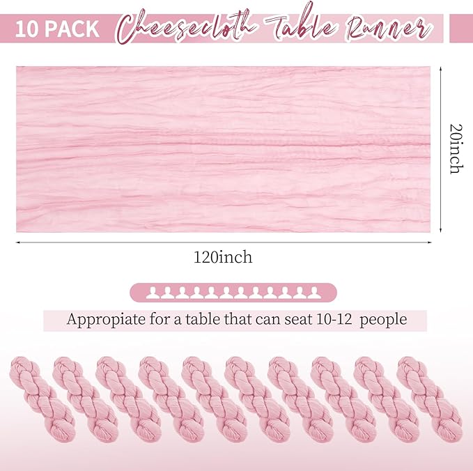10 Pack Pink Table Runner 10Ft Cheesecloth Table Runner Boho Gauze Cheese Cloth Table Runners Romantic Long Sheer Fabric Table Runners for Wedding Party Bridal Shower