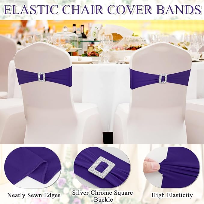 VitalCozy 100 Pcs Spandex Chair Sashes with Square Buckle Slider Stretch Chair Cover Band Universal Elastic Ties Straps Bows for Wedding Banquet Event Party Decoration(Dark Purple)