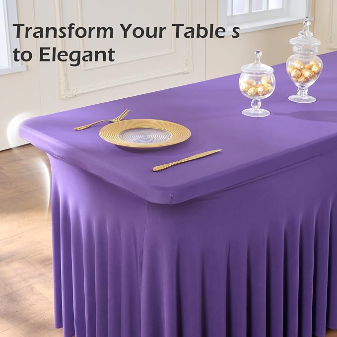 NSSONBEN 2 pk Purple Spandex Tablecloth for 6 Foot Rectangle Tables,Wrinkle Free Fitted Spandex Table Covers 6ft Stretch Table Cloths with Ruffle Skirt for Parties Weddings Banquet Baby Shower