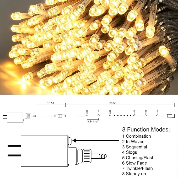 LJLNION 300 LED String Lights Outdoor Indoor, Extra Long 98.5FT Christmas Lights, 8 Lighting Modes, Plug in Waterproof Fairy Lights for Wedding Party Bedroom Decorations (Warm White)