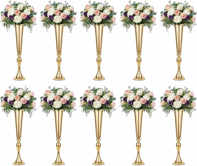 Metal Trumpet Vases for Centerpieces - Set of 10 Elegant Gold Vases for Table, 21.9" Tall Flower Stands for Table Centerpieces Anniversary Celebration Christmas Event Party Home Wedding Decorations