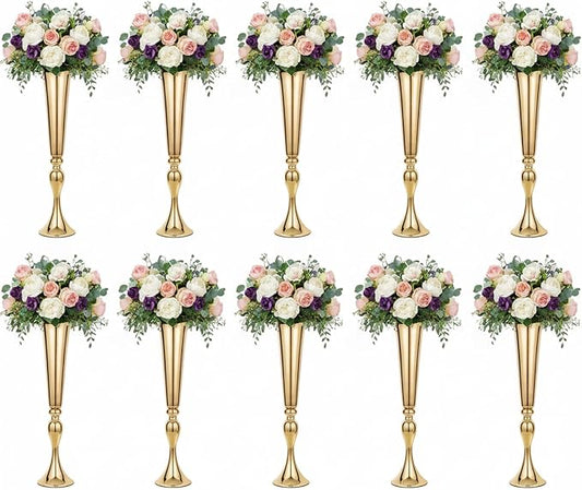 Metal Trumpet Vases for Centerpieces - Set of 10 Elegant Gold Vases for Table, 21.9" Tall Flower Stands for Table Centerpieces Anniversary Celebration Christmas Event Party Home Wedding Decorations
