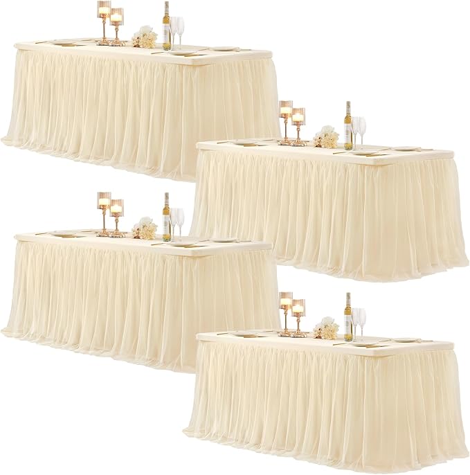 Champagne Table Cloths for 6 Foot Rectangle Tables, Tulle Table Skirt for Rectangle Table 6 ft Fitted Table Cover Desk Skirt Birthday Party Wedding Banquet Tablecloth Elastic Stretch Ruffle Tablecloth
