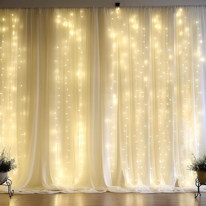 10ft x 10ft Beige Chiffon Backdrop Curtain with Lights String for Parties,2 Panels Sheer Chiffon Curtain Wedding Backdrop with Lights for Baby Shower Birthday Party Ceremony Reception Home Decorations