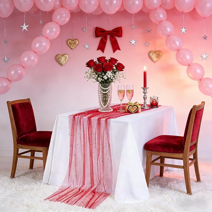 Pearl Tulle Table Runner Fabric: Red 10ft Valentines Veil Dessert Christmas Chiffon Pearl Lace Boho Glitter Overlay Wedding Aisle Runner Party Decorations Doilies