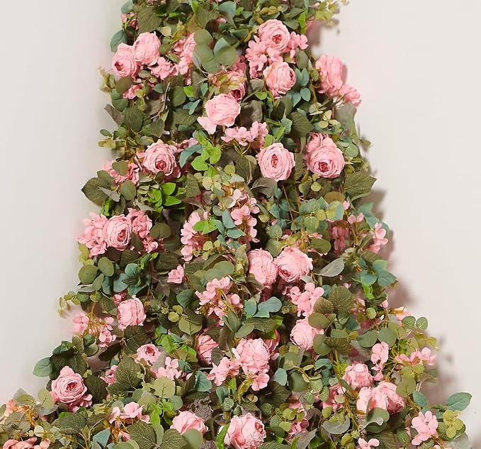 PONKING Flower Garland Artificial Rose & Hydrangea Vine Hanging Fake Flowers Vines for Wedding Birthday Party Valentines Christmas Room Wall Arch Decor, 1 Rose & 1 Hydrangea Light Pink Floral Garland