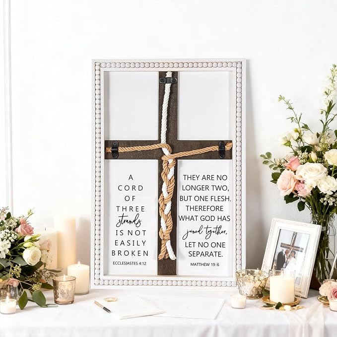Farmhouse A Cord of Three Strands Wedding Ceremony Sign with Wooden Bead and Hanging Hook, Vintage Rustic Wood Unity Cross for Wedding Ceremony, 11 X 15 Religious Christian Wall Decor Gift for Couple