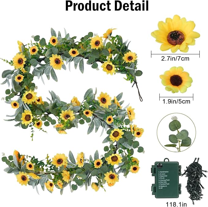 7.5FT Artificial Sunflower Garland with 30 Lights Silk Sunflower Vine Fake Flowers Summer Garland Prelit Lights for Mantle Baby Shower Wedding Arch Front Door Porch Staircase Decor (1 Pcs)