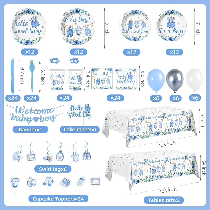 202PCS Blue Baby Boy Shower Decorations Tableware Set, 24 Serves Disposable Plates Napkins Cups Set with Banner Plates Napkins Balloons Tableware Cake Topper for Baby Boy Baby Shower Decorations