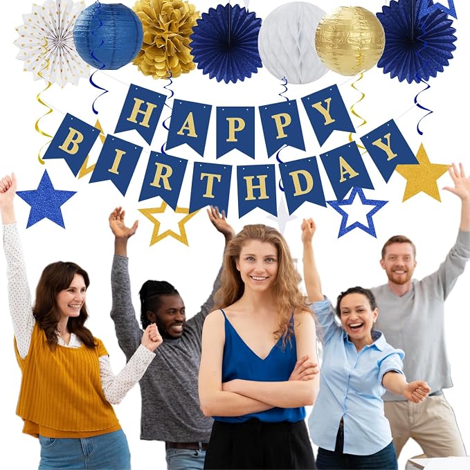 Navy-Blue White-Gold Birthday Party Decorations - 19pcs Men Boys Streamers Banner,Paper Star Garland Lanterns Honeycomb Fan,Tissue Pom Poms,Wall Ceiling Backdrop Supplies Ouruola