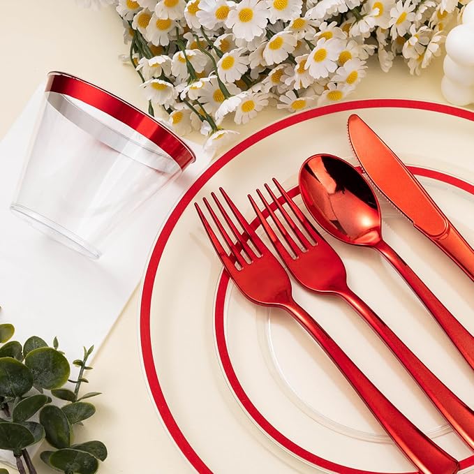 Beststar 350PCS Red and Clear Plastic Dinnerware Sets for 50 Guests, Include 100 Red Disposable Party Plates, 100 Forks, 50 Knives, 50 Spoons, 50 Cups,christmas party supplies