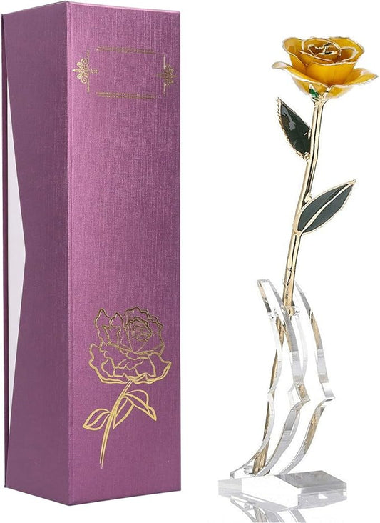 Yellow Rose Dipped Gold, 24k Golden Plated Eternal Rose Flower with Crystal Stand for Her, Gift for Wife Mom Girlfriend Daughter