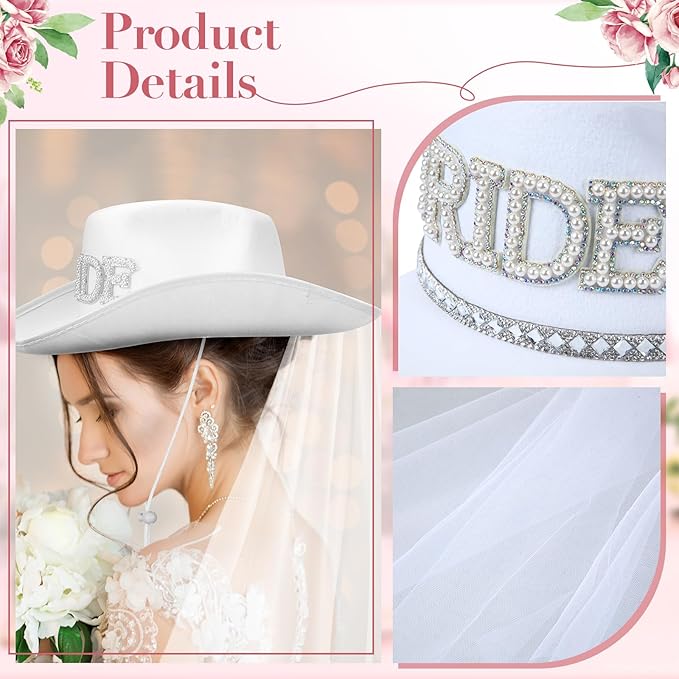 Newcotte 14 Pcs Bride Cowgirl Hat with Veil and Satin Sash Bachelorette Cowboy Hats Set for Wedding Party Bridal Shower Decor