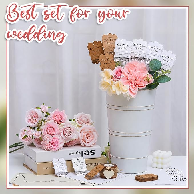 Henoyso 153 Pcs Wedding Send Off Set, 150 Lace Wedding Tags, 2 Pack 12.2 Inch Galvanized Metal Buckets, 1 Acrylic Send Off Sign with Stand for Party Decorations(White)