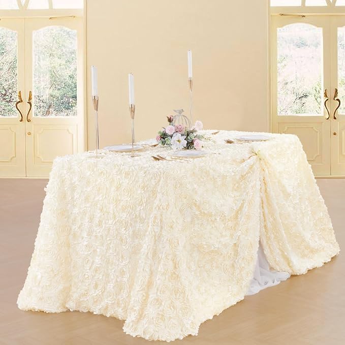 Fanqisi Ivory Tablecloth 90x156 Inches Rosette Satin Table Cover Home Party Decorations for Wedding Party Table Top Decor