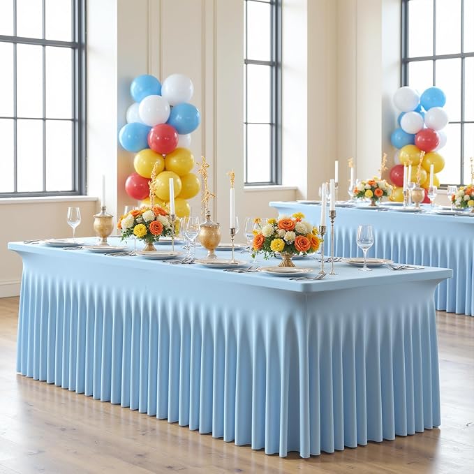 4 Pack Spandex Baby Blue Tablecloth for 8 Foot Rectangle Tables, Wrinkle Free Fitted Table Cloth 8ft Stretchy Light Blue Tablecover Desk Skirt for Birthday Party Wedding Banquet Baby Shower