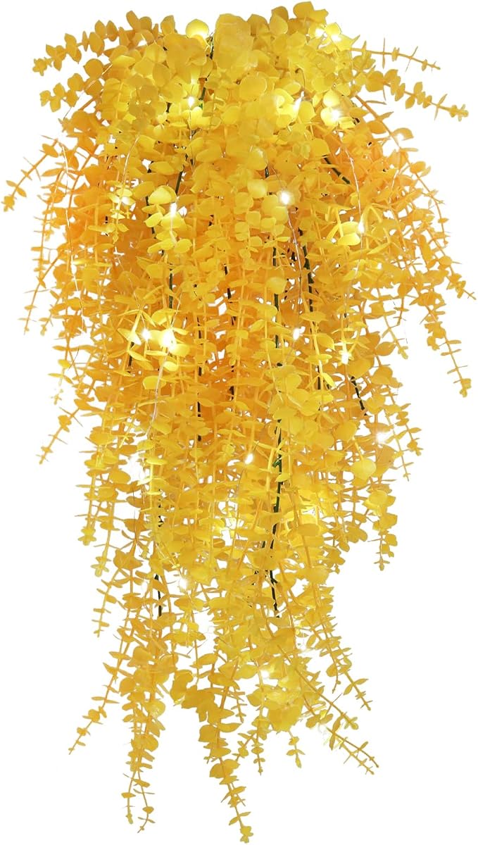 RECUTMS 3Pcs Fake Hanging Plants Outdoor Artificial Grass Vines with Lights | Draping Eucalyptus Greenery Faux Yellow Monkey Plants for Indoor Home Room Wall Garden Proch Wedding Backyard Arch Decoration