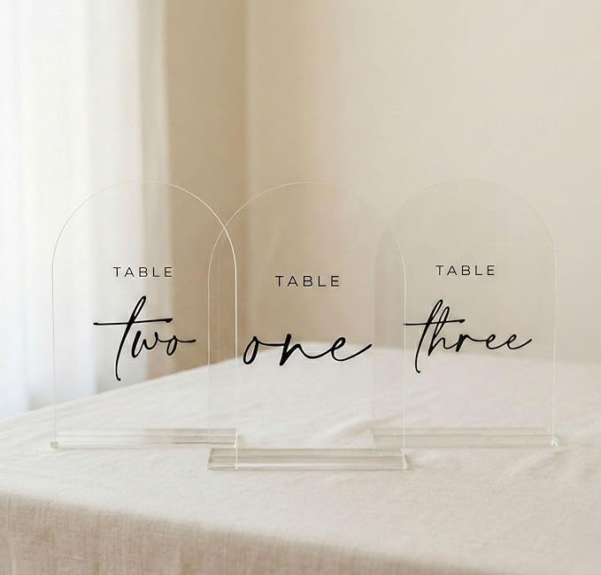 Clear Wedding Table Numbers 1-15 with Stands, 5x7 Inch Clear Arched Table Sign with Raised Black Numbers, Acrylic Arch Table Numbers for Wedding Reception, Party, Banquet and Event
