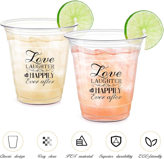 Dandat Disposable Wedding Plastic Cups Bulk 10oz Mr and Mrs Happily Ever After Disposable Clear Reception Drinking Cup for Wedding Reception Bridal Shower Engagement Party(200 Pack,Love Laughter)