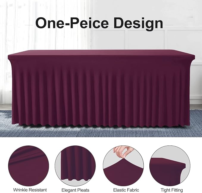 BDDC One-Piece Spandex Table Cover Skirt for 6FT Rectangle Tables | GRS-Certified Eco-Friendly Fabric, Elastic Fitted Ruffle Tablecloth, Washable, For Banquets, Weddings & Parties