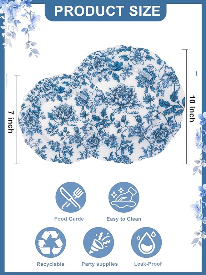 WDF 20PCS Blue Plastic Plates - Baroque White and Blue Plates - Chinoiserie Floral Party Decorations for Birthday/Tea Party/Spring