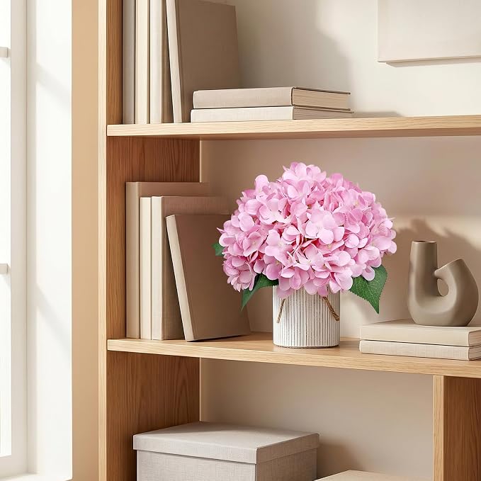 Flower Table Centerpieces - Set of 6 Floral Arrangement Artificial Wedding Hydrangeas Floral Arrangement with Rustic Metal Vase for Bridal Tea Party Event Decorations - Blush Pink
