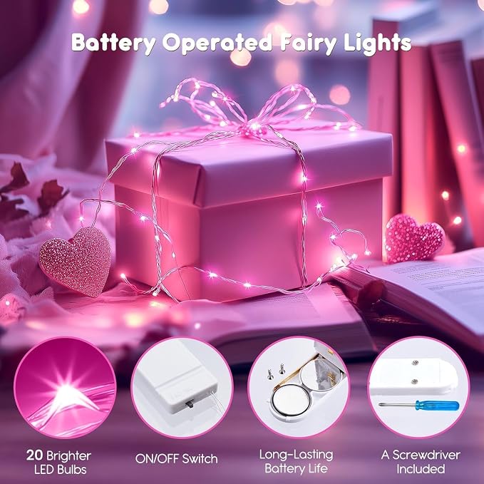 Brightown Valentine's Day 12 Pack Pink Led Fairy Lights Battery Operated String Lights Waterproof Silver Wire 7 Feet 20 Led Firefly Starry Moon Lights for DIY Wedding Party Bedroom