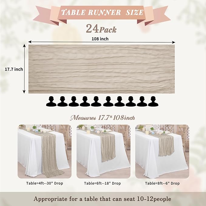 24 Pack Brown Grey Cheesecloth Table Runner, Long Romantic Semi Sheer Rustic Boho Gauze Table Runners for Wedding Bridal Shower Birthday Party Decorations(17.7×108 Inch)