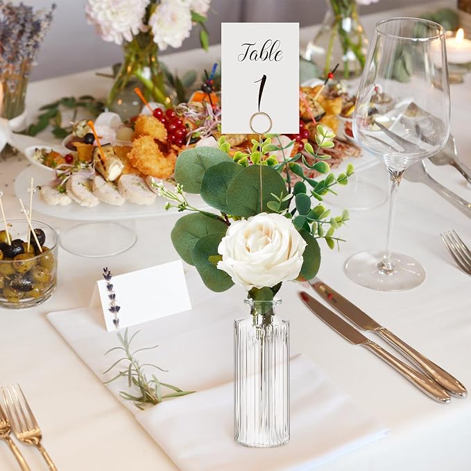 Threehoney 12 Set Artificial Flowers with Vases and Table Number Holder 12 Glass Bud Vases 48 Fake Plants and 12 Card Holder Picks Flower Table Centerpieces DIY for Wedding Home Dining Party Decor