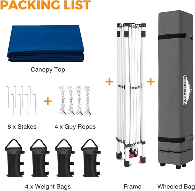 EAGLE PEAK Pop Up Canopy Tent with Wheeled Carry Bag, 8 Stakes, 4 Ropes, 4 Weight Bags, Easy Set Up Tent Canopy, 10x10 ft, 100sqft of Shade, Dark Blue