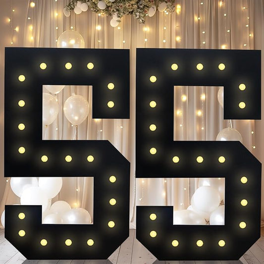 LOBOOM 4FT Black Marquee Number 55, Giant Mosaic Number for 55th Birthday Party Decorations, Pre-Cut Frame with LED Lights