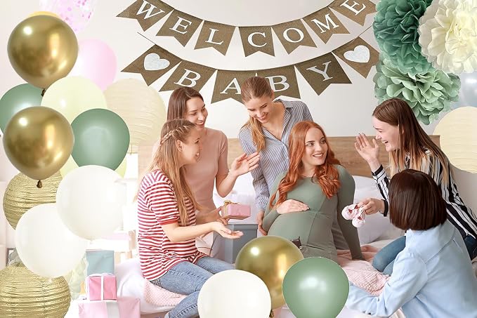 Welcome Baby Shower Decorations - Sage Green Beige Baby Gender Reveal Party Balloons Decor with Pre-strung Burlap Sign Banner Wall Hanging Supplies (Soft yellow + Sage + Gold)