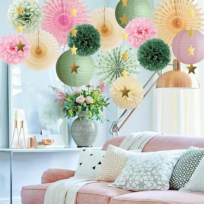 Sage Green and Pink Party Decorations Baby Shower Girl Olive Green and Light Pink Birthday Decorations Paper Lanterns Sage Beige Fans Pom Poms for Bridal Shower Wedding Engagement Nursery Decor