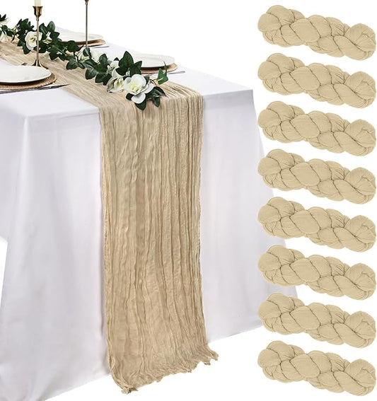 8 Pack Beige Cheesecloth Table Runner 10ft Boho Gauze Fabric 120 Inch Cheese Cloth Table Runner Rustic Sheer for Holiday Baby Shower Party Décor Home Wedding Decoration