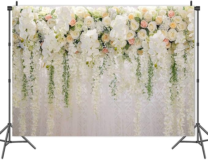 White Rose Floral Theme Photography Background 9x6ft Wedding Bridal Shower Wedding Flowers Photo Backdrops Baby Girl Birthday Party Portrait Dessert Cake Table Decor Photo Booth Studio Props Vinyl