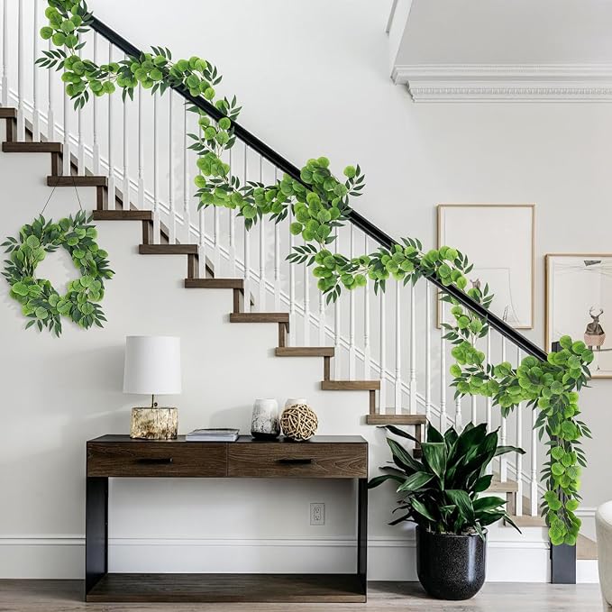 RECUTMS Artificial Eucalyptus Vine Garland with Willow Leaves 2Pcs 6Ft Fake Hanging Silk Greenery Faux Ivy Plant for Indoor Outdoor Home Wedding Arch Party Table Porch Summer Decor(Dark Green)