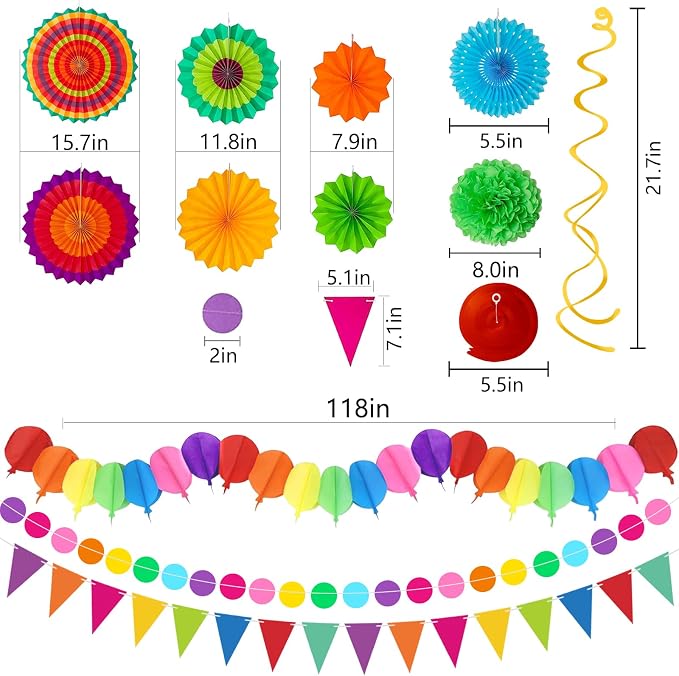 33Pcs Fiesta Decorations Cinco De Mayo Decorations Multi-Color Paper Fans Garlands Pennant Pom Poms Hanging Swirls For Birthday Wedding Rainbow Mexican Party