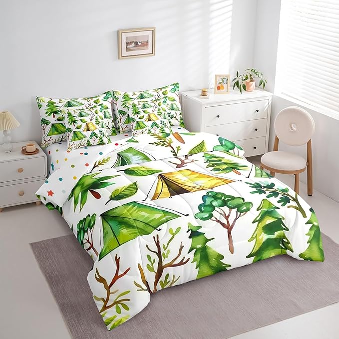 jejeloiu Happy Camping Comforter Set with Sheets Queen Size 7 Pieces Kids Summer Tree Branches Woodland Bedding Set for Boys Girls Leaves Pattern Nature Theme Bed in a Bag Room Decor