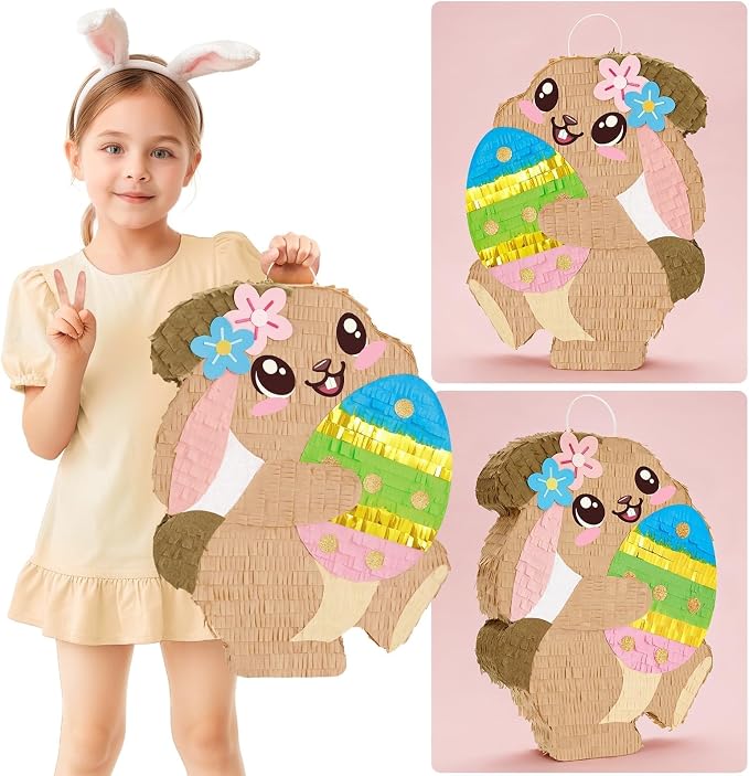 WERNNSAI Easter Bunny Piñata - Easter Piñata with Blindfold and Stick Spring Easter Piñata for Kids Easter Party Decoration Supplies for Birthday Decoration School Spring Party Game