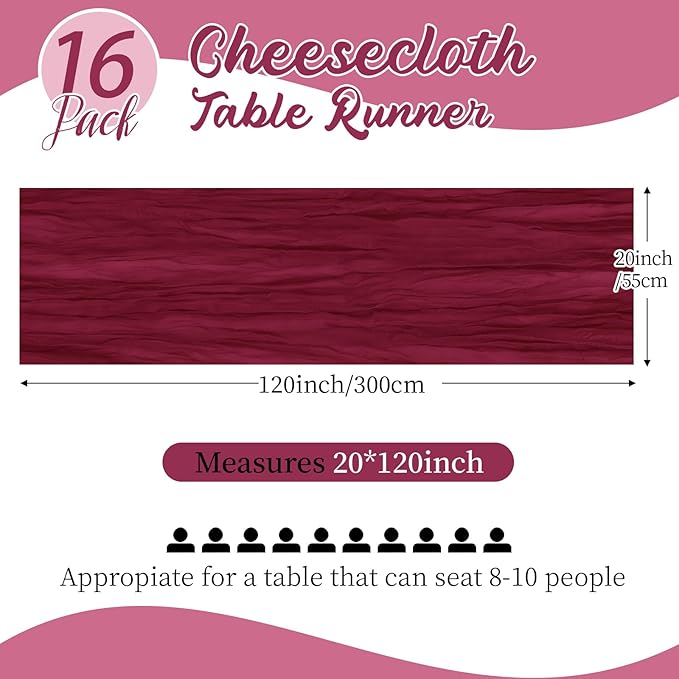 16 Pack Burgundy Cheesecloth Table Runners 20x120 Inch Gauze Table Runner 10FT Easter Cheese Cloth Table Runner Rustic Sheer Runner for Wedding Baby Shower Birthday Party Table Decor