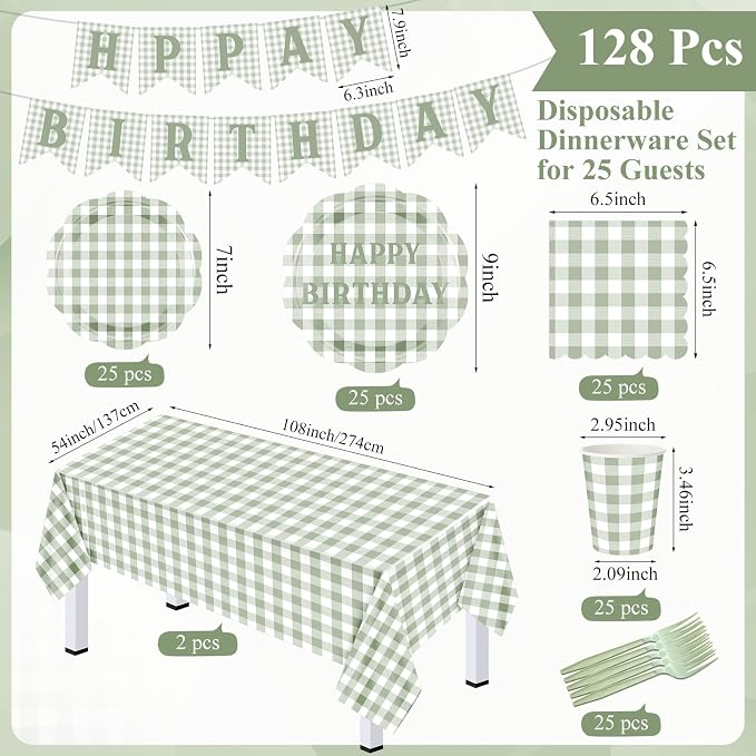 LemonRoad 128 Pcs Sage Green and White Birthday Party Decoration Women for 25 Guests, Gingham Checkered Green Birthday Paper Plates Napkins Cups Tablecloth Forks Banner for Birthdays Party Supplies