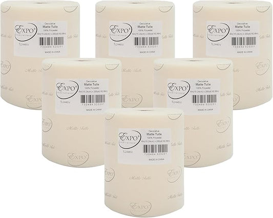 Expo International Decorative Matte Tulle, Roll/Spool of 6” X 200 Yards, Lightweight Polyester Tulle Fabric for Tutus, Costumes, and Party Decorations, Washable, Easy-to-Use, Pack of 6, Ivory