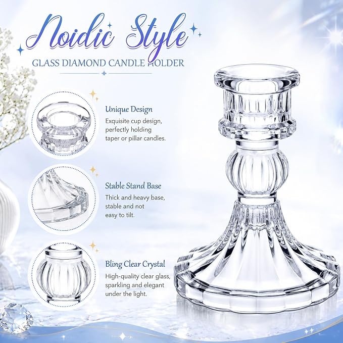 Sieral 24 Pcs Clear Taper Candle Holders 4'' Tall Candlestick Glass Holders Bulk Stripe Decorative Stand Wedding Stick Holder for Anniversary Party Dining Table Festival Decor