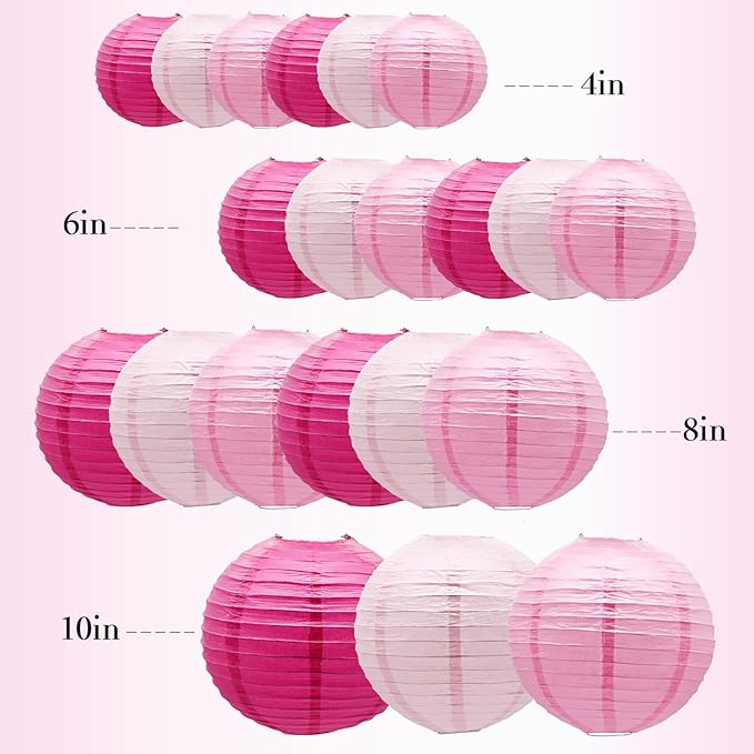ADLKGG Pink Paper Lanterns Decorative, Hanging Round Paper Lanterns Indoor Outdoor for Valentines Day Decorations Graduation Wedding Birthday Baby Showers Tea Party Decorations, 21pcs